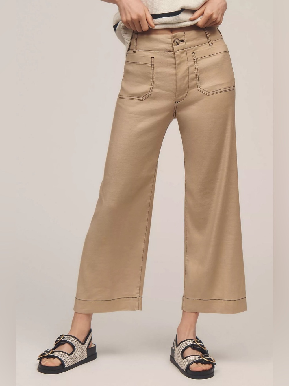 Anthropologie Maeve Colette Contrast Stitch Linen Wide Leg Pants Neutral 32
